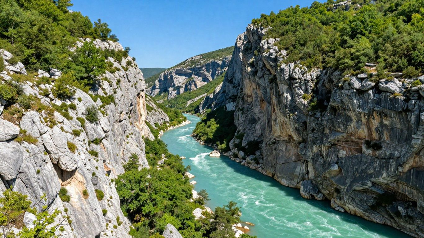 Gorges du Verdon canyon with turquoise river and cliffs