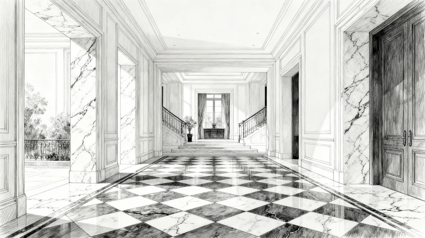 A vibrant, high-contrast marble checkerboard floor layout