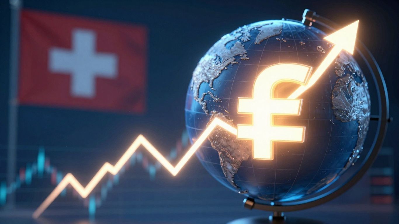Global map with glowing currency and Swiss flag.
