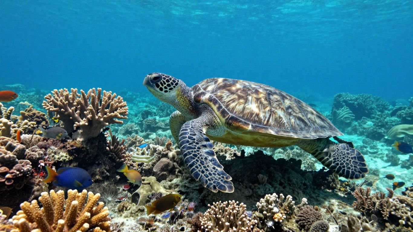 Colorful coral reef with fish and sea turtle.