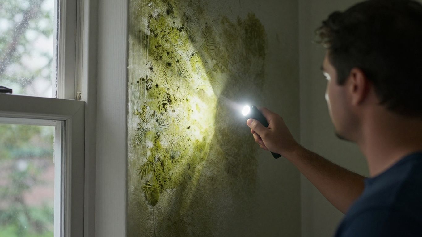 Homeowner inspecting mold damage on a wall.