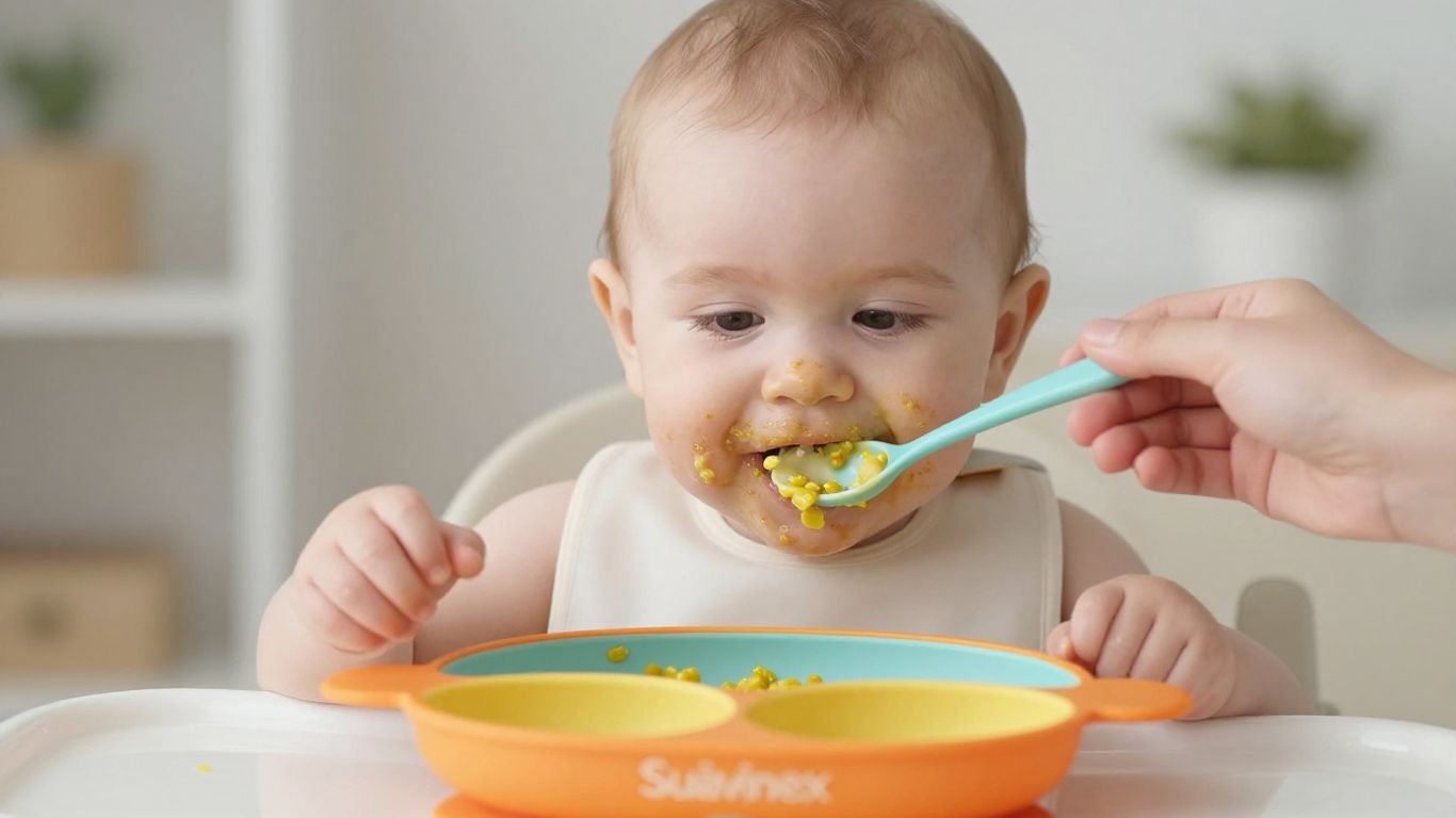 Bebé sonriente comiendo con vajilla Suavinex colorida.
