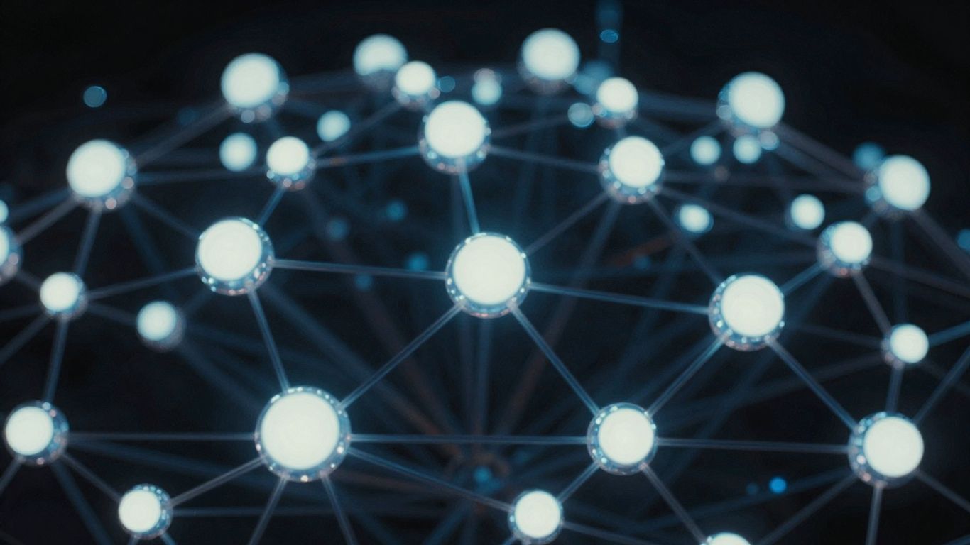 Interconnected glowing spheres forming a digital network.