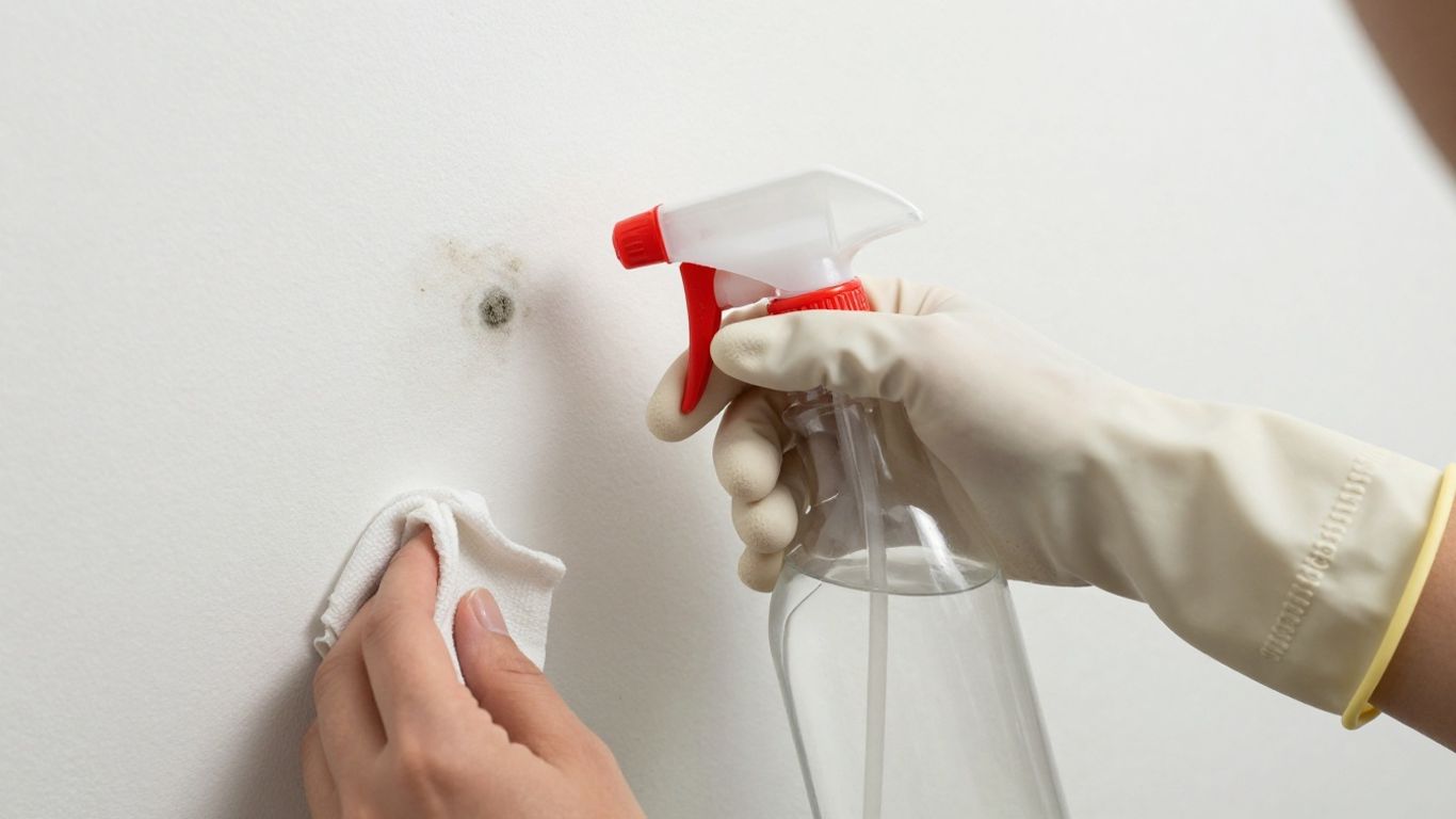 Homemade mold killer spray bottle and cleaning cloth.