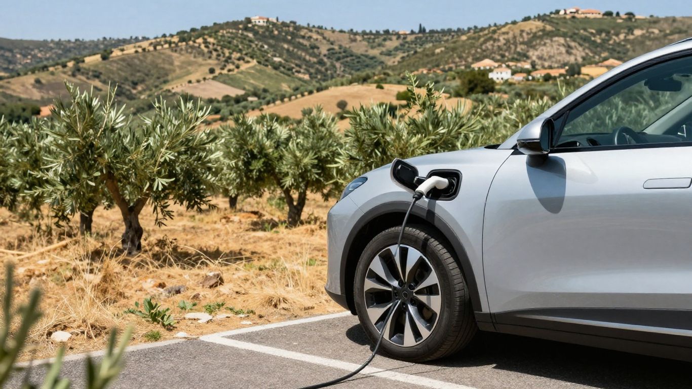 Sunny Spanish landscape with an electric car charging.