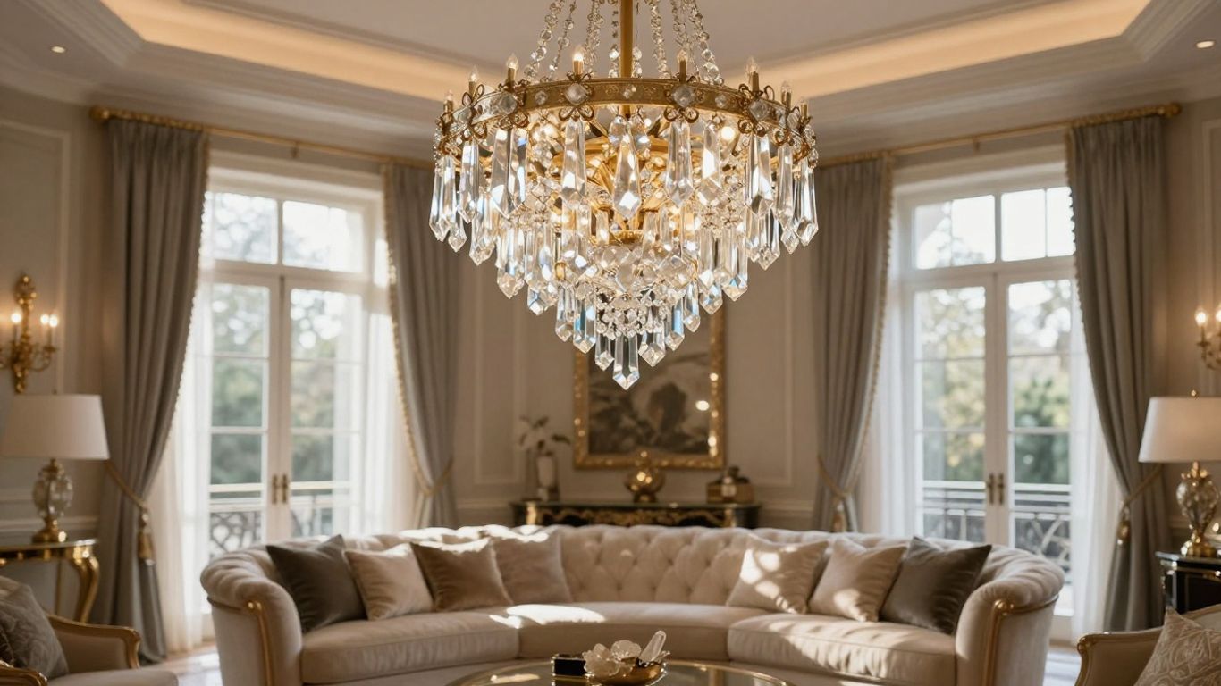 Elegant crystal chandelier illuminating a luxurious living room.