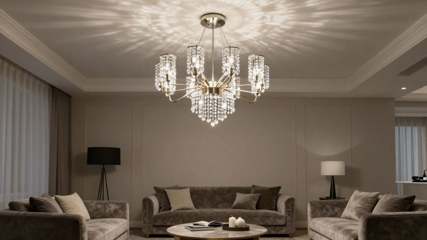 Modern chandelier illuminating a luxurious living room.