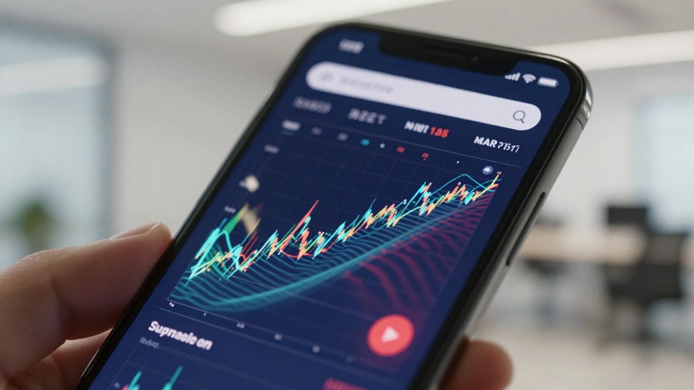 Smartphone trading platform with colorful financial data.