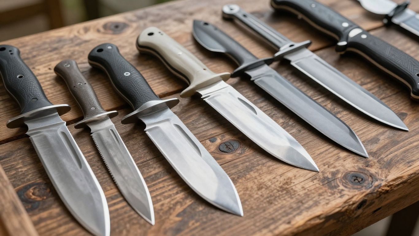 Hunting knife blades of various sizes on wood.