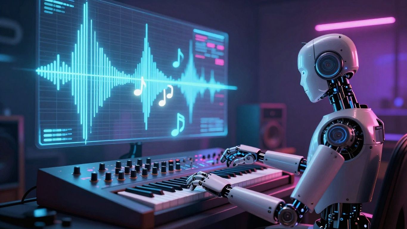 AI and music technology in a futuristic studio setting.