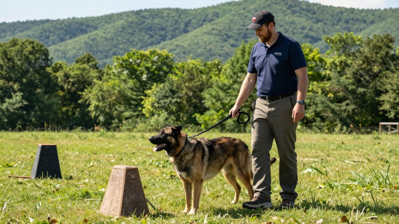 Handler and dog training outdoors in a natural setting.