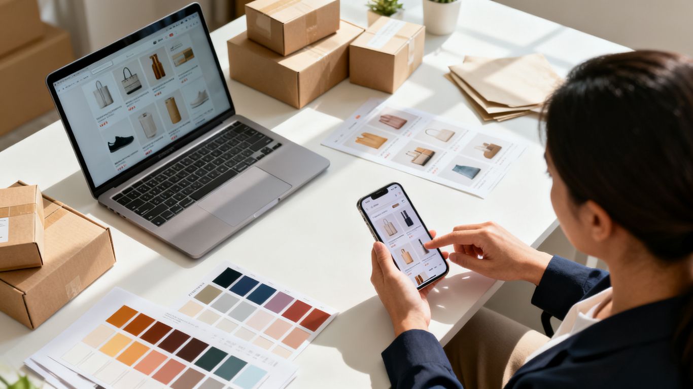 Amazon product listing displayed on laptop and phone