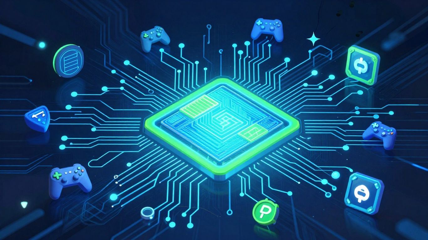 Gaming industry infographic with crypto and finance elements.