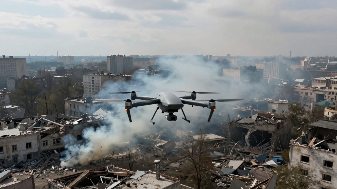 Ukrainian drone flying over damaged city