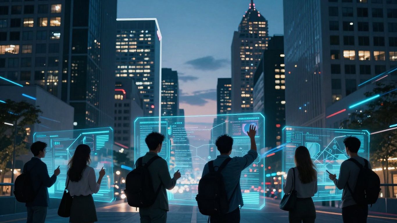 Oraș digital conectat, oameni interacționând cu holograme.