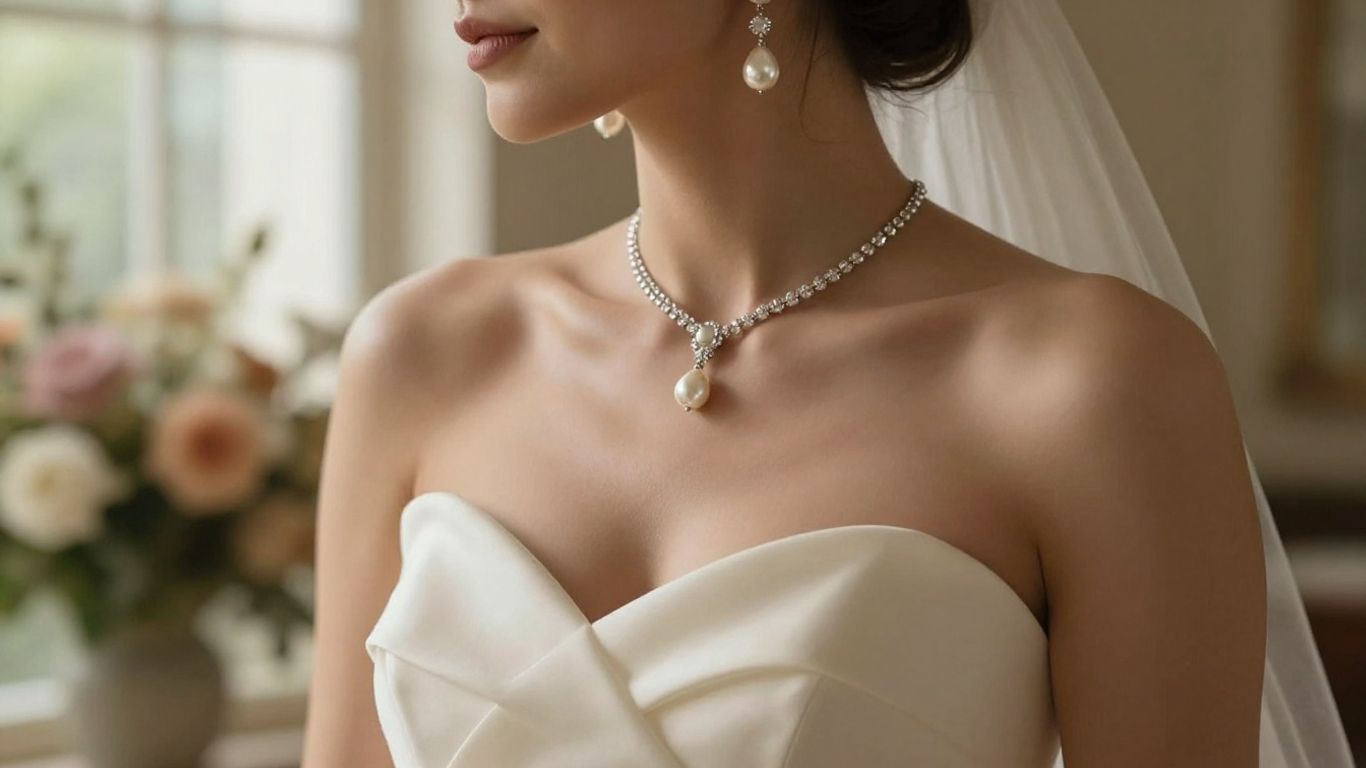 Bride wearing refined jewellery with a sculpted neckline