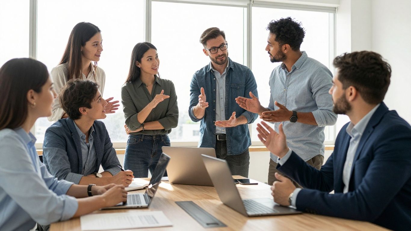 Équipe travaillant ensemble dans un bureau moderne.