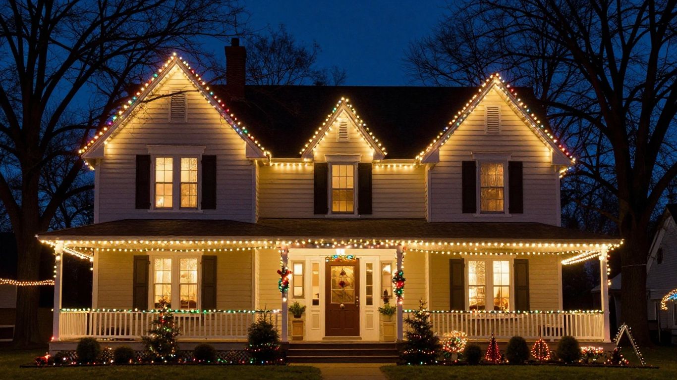 House decorated with professional Christmas lights in Godfrey, IL.