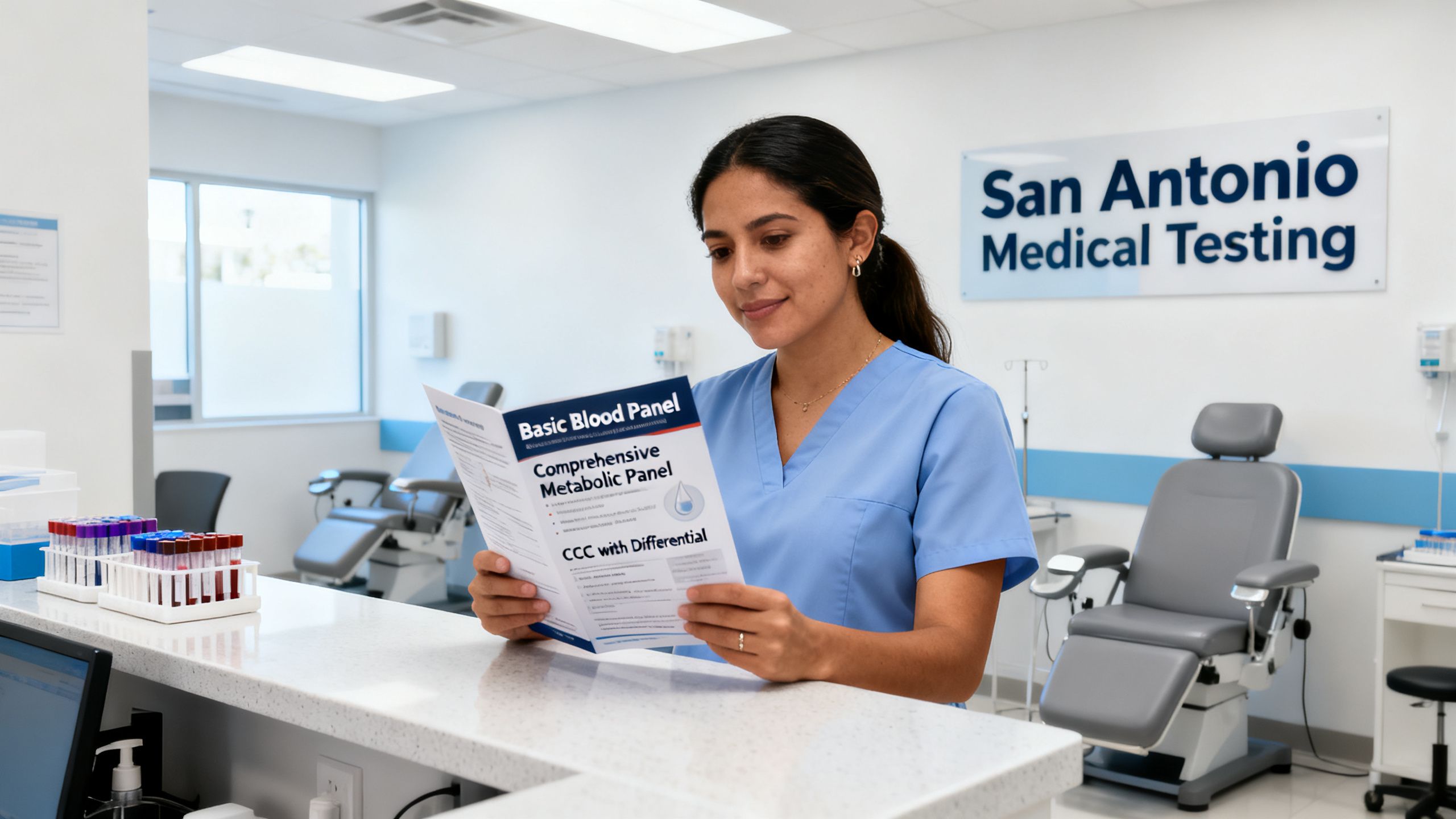 San Antonio patient comparing blood work options at a clean medical testing facility