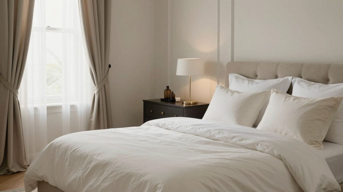 Cozy bedroom with elegant bedding and soft lighting.