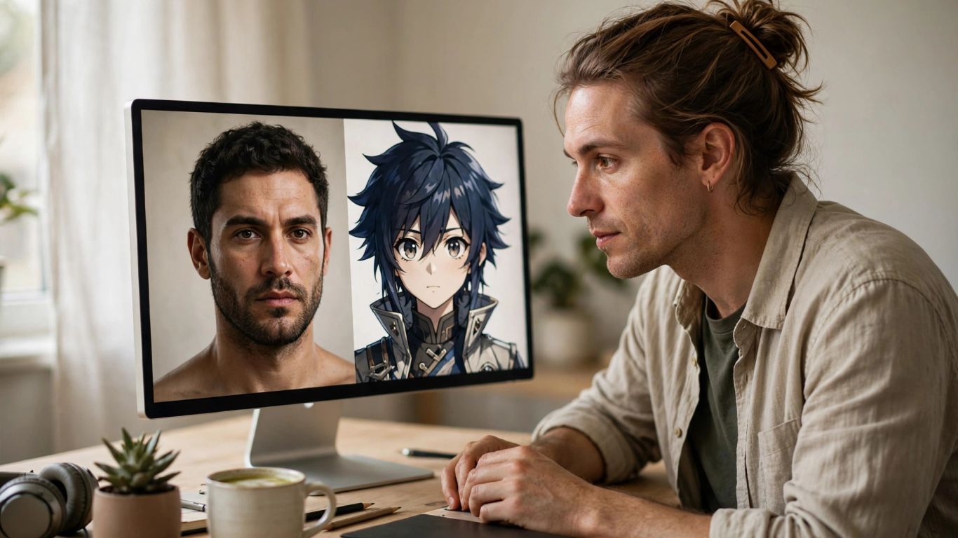 A creator comparing portrait styles on a screen