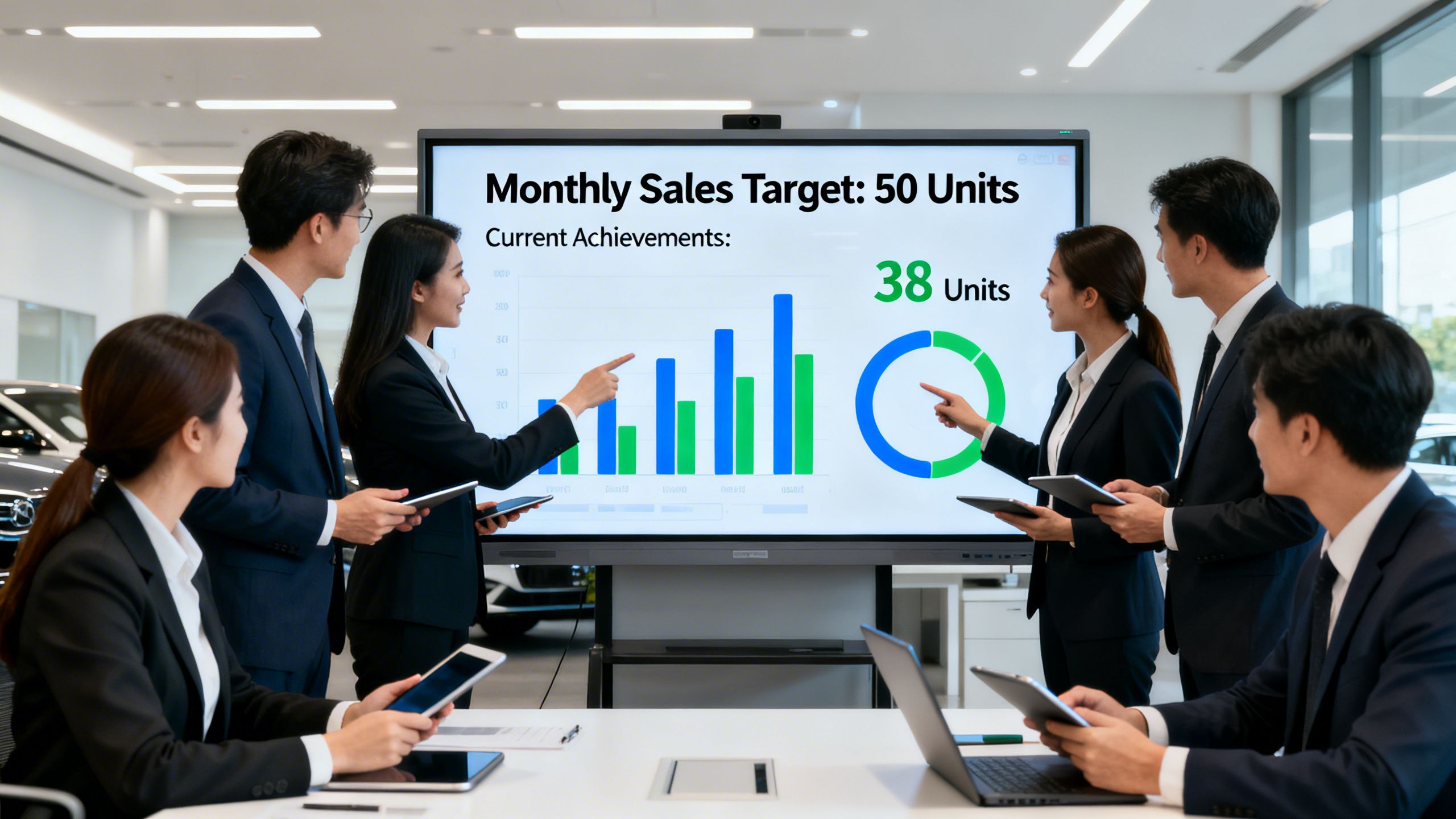 A team of car salespeople collaborating around anAuto Dealer CRM 