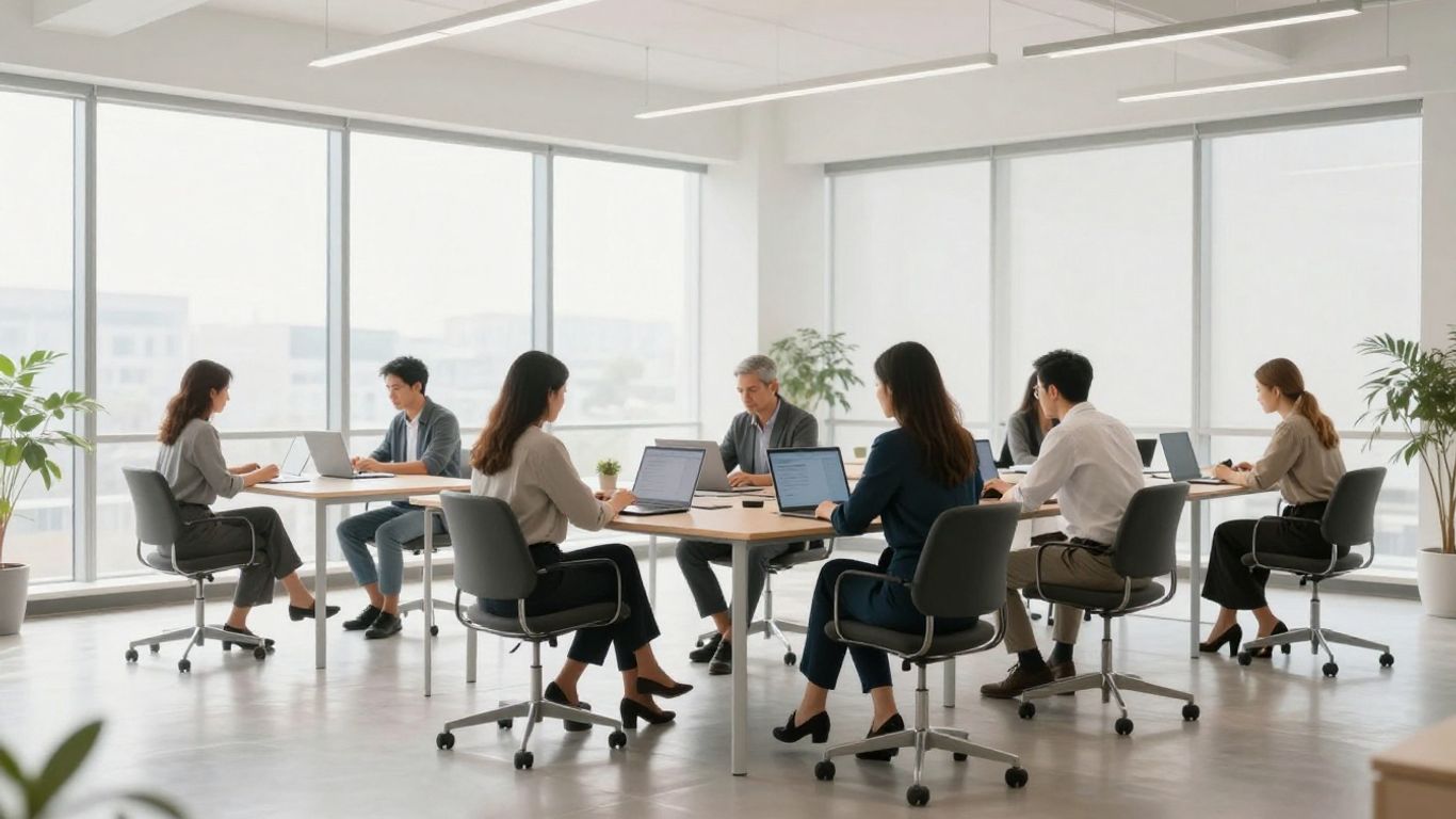 A diverse professional workspace with people collaborating