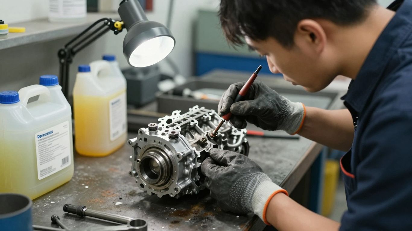 Mechanic inspecting a used gearbox in workshop