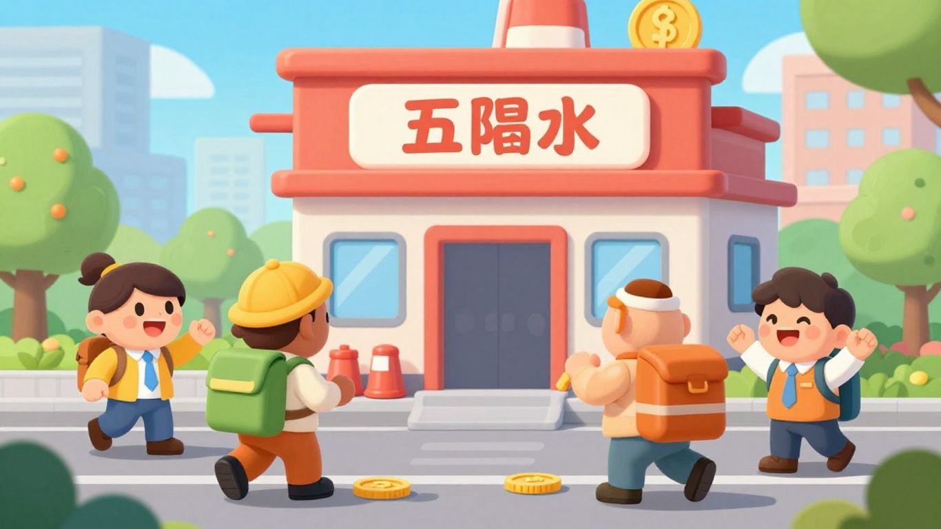 Cartoon bank adventure with friendly staff and game icons
