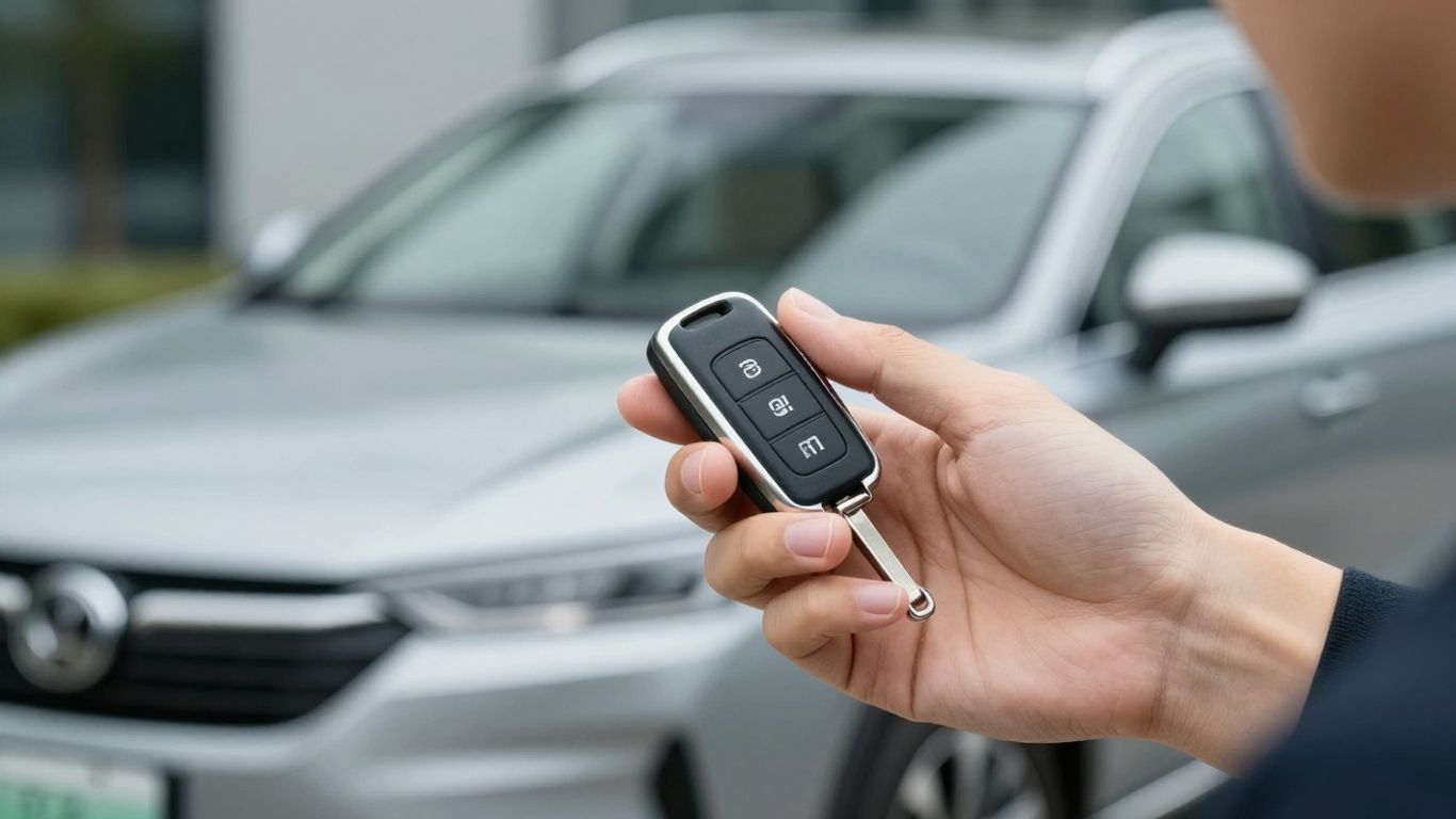 Person mit Autoschlüssel und Auto im Hintergrund