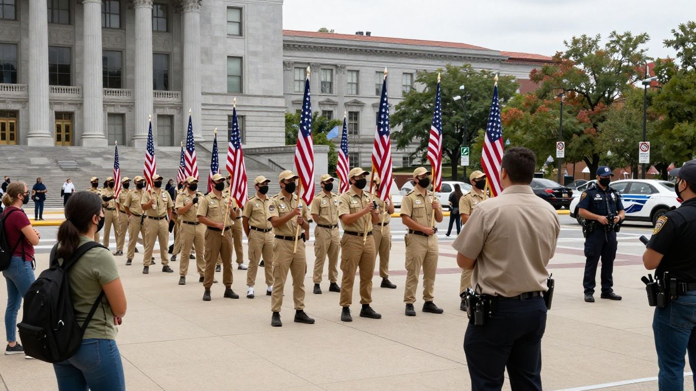 Masked demonstrators in coordinated patriotic clothing