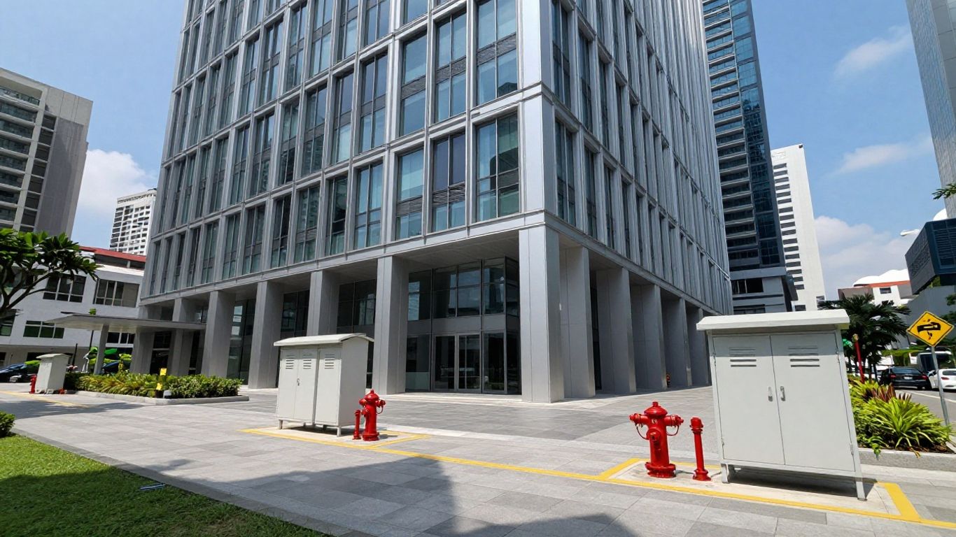 Singapore high-rise building with fire safety equipment.