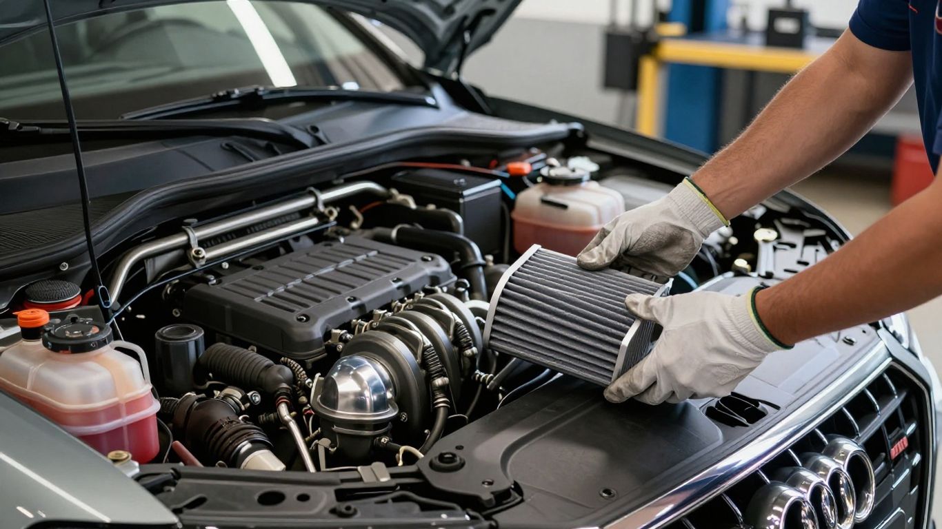 Audi engine bay with mechanic holding new air filter.
