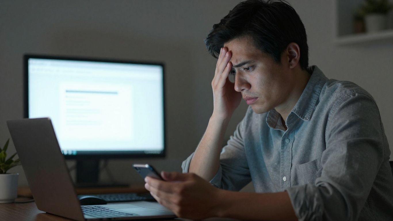 Person looking frustrated at an email on a laptop.