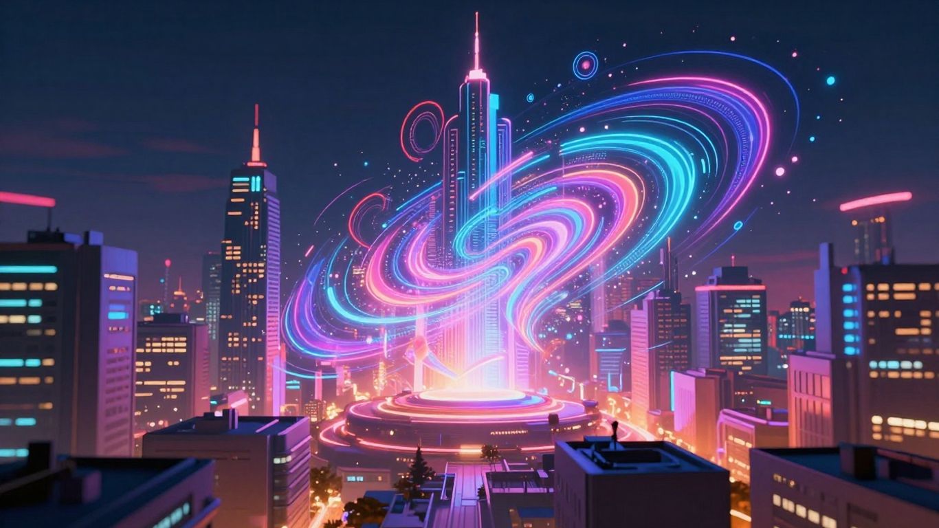 Futuristic cityscape with abstract AI art elements.