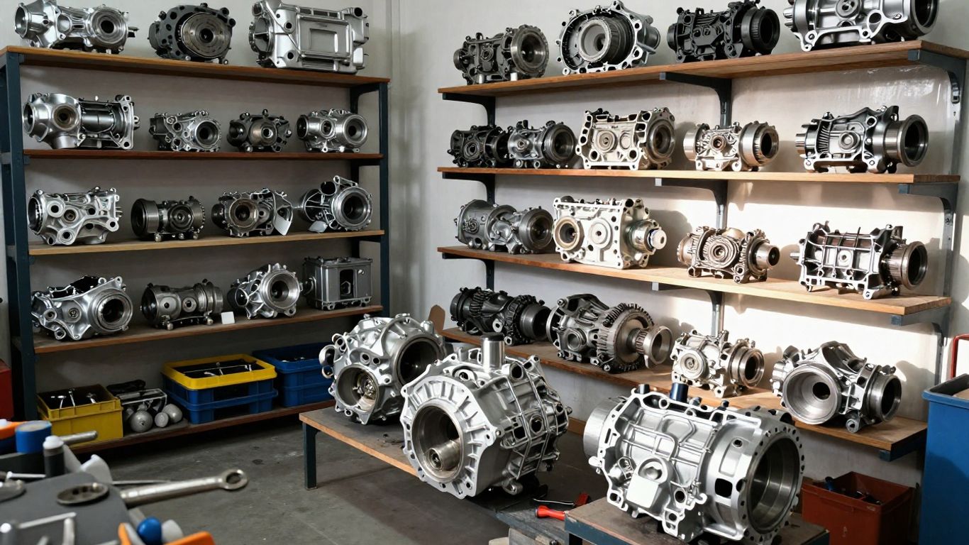 Car gearboxes in a workshop