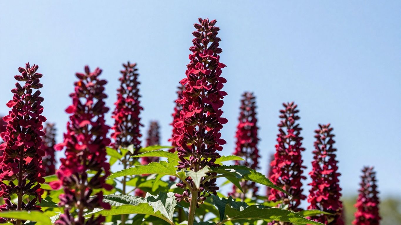 Vibrant red Salvia flowers with green leaves.