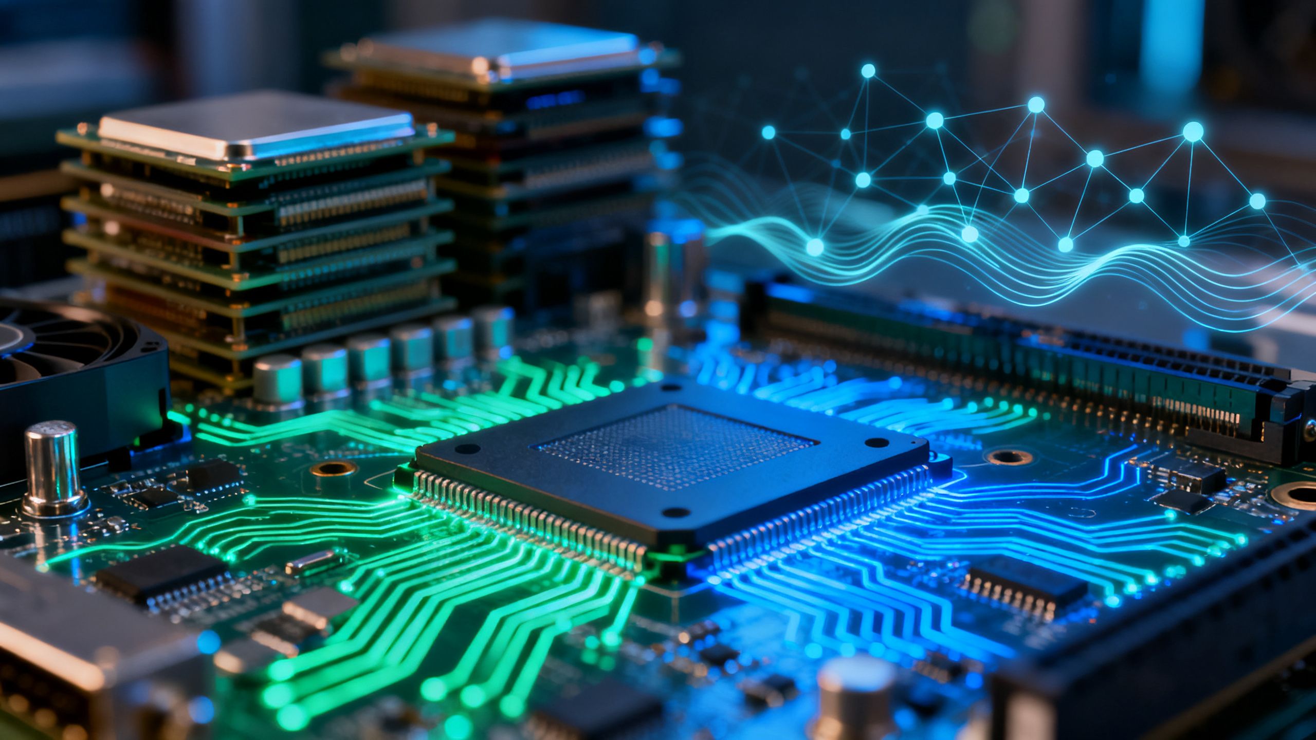 Computer motherboard with glowing circuits, symbolizing AI demand and hardware shortage.