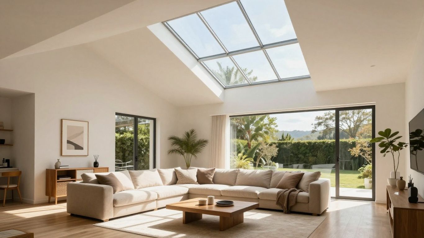 Sunlight streaming through a skylight in a vaulted ceiling.