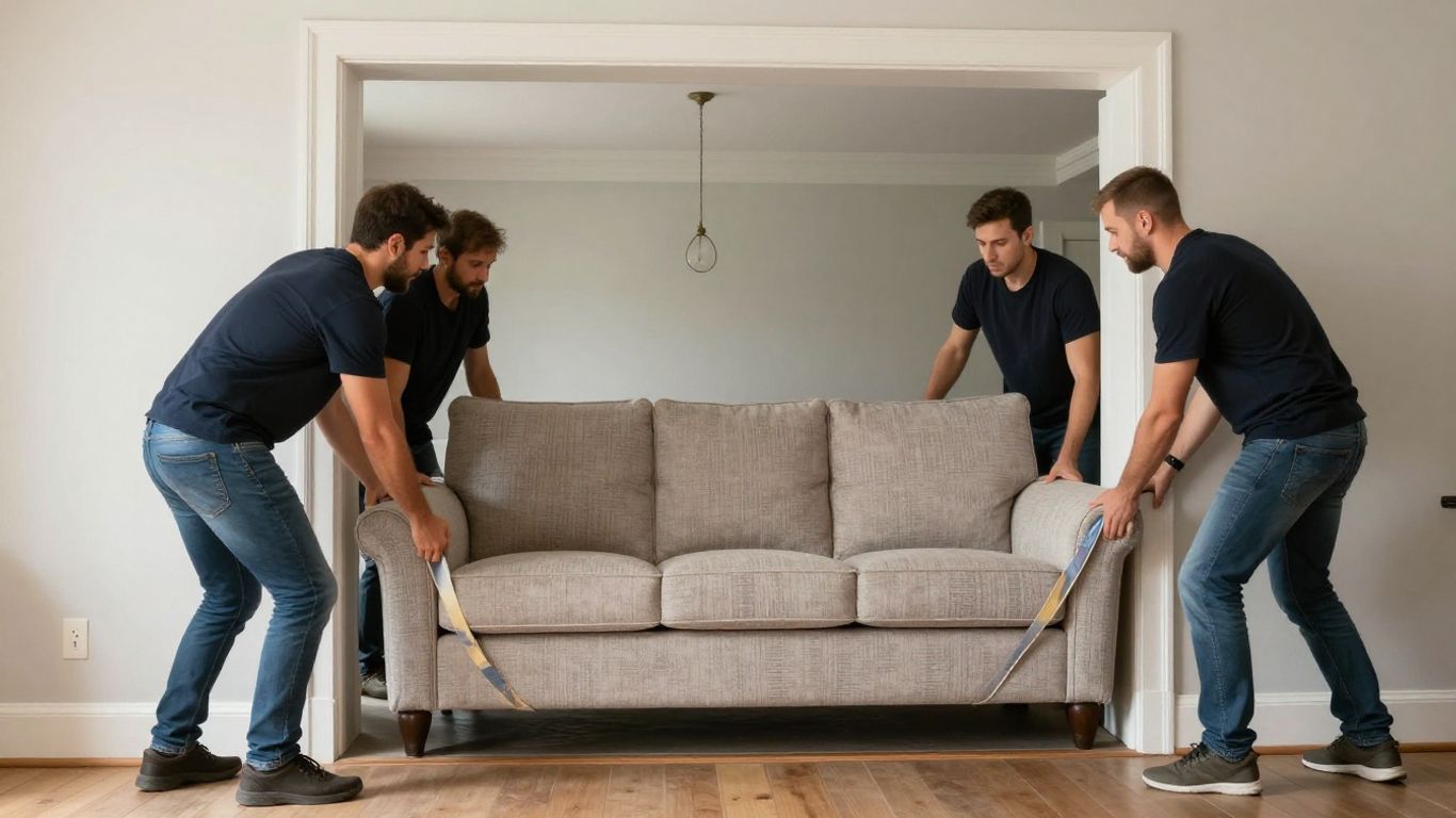 Movers handling large furniture through a doorway.