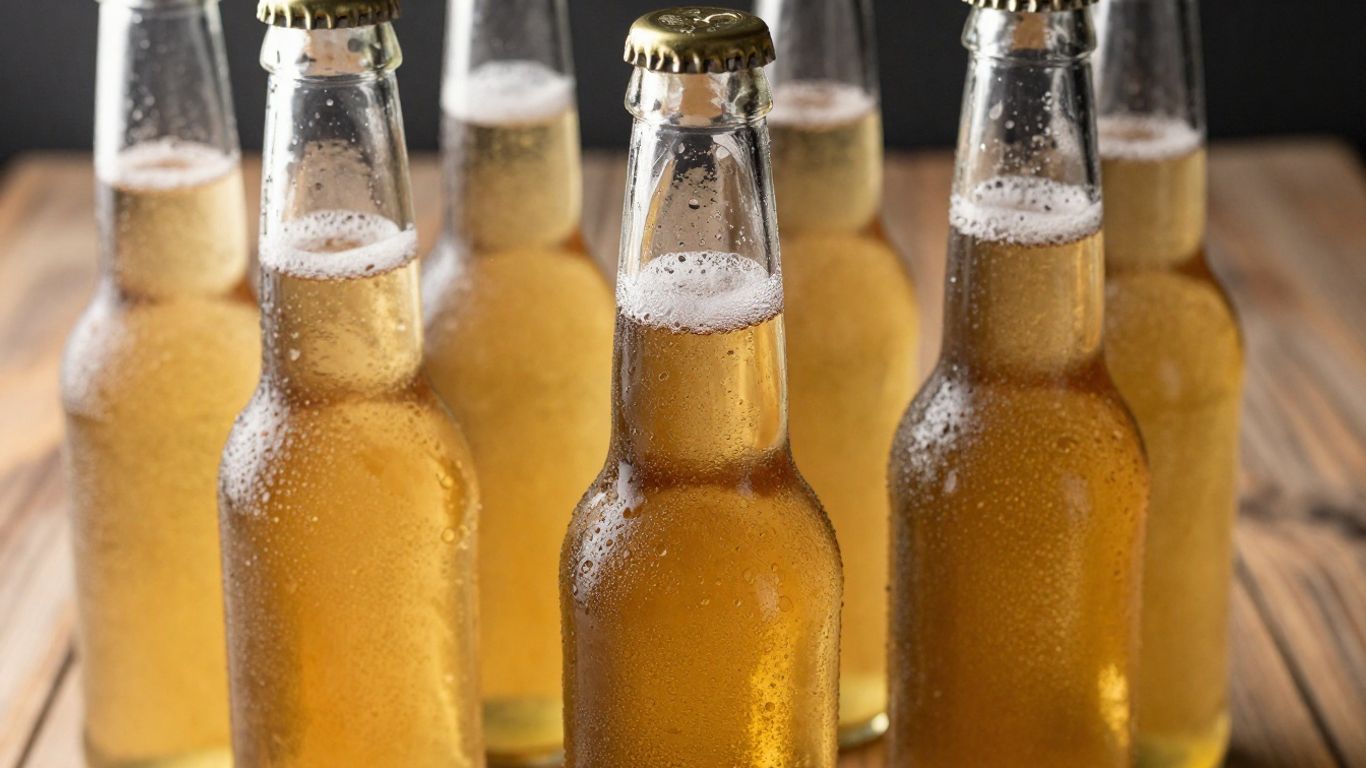 Bottles of French saison beer on a wooden surface.