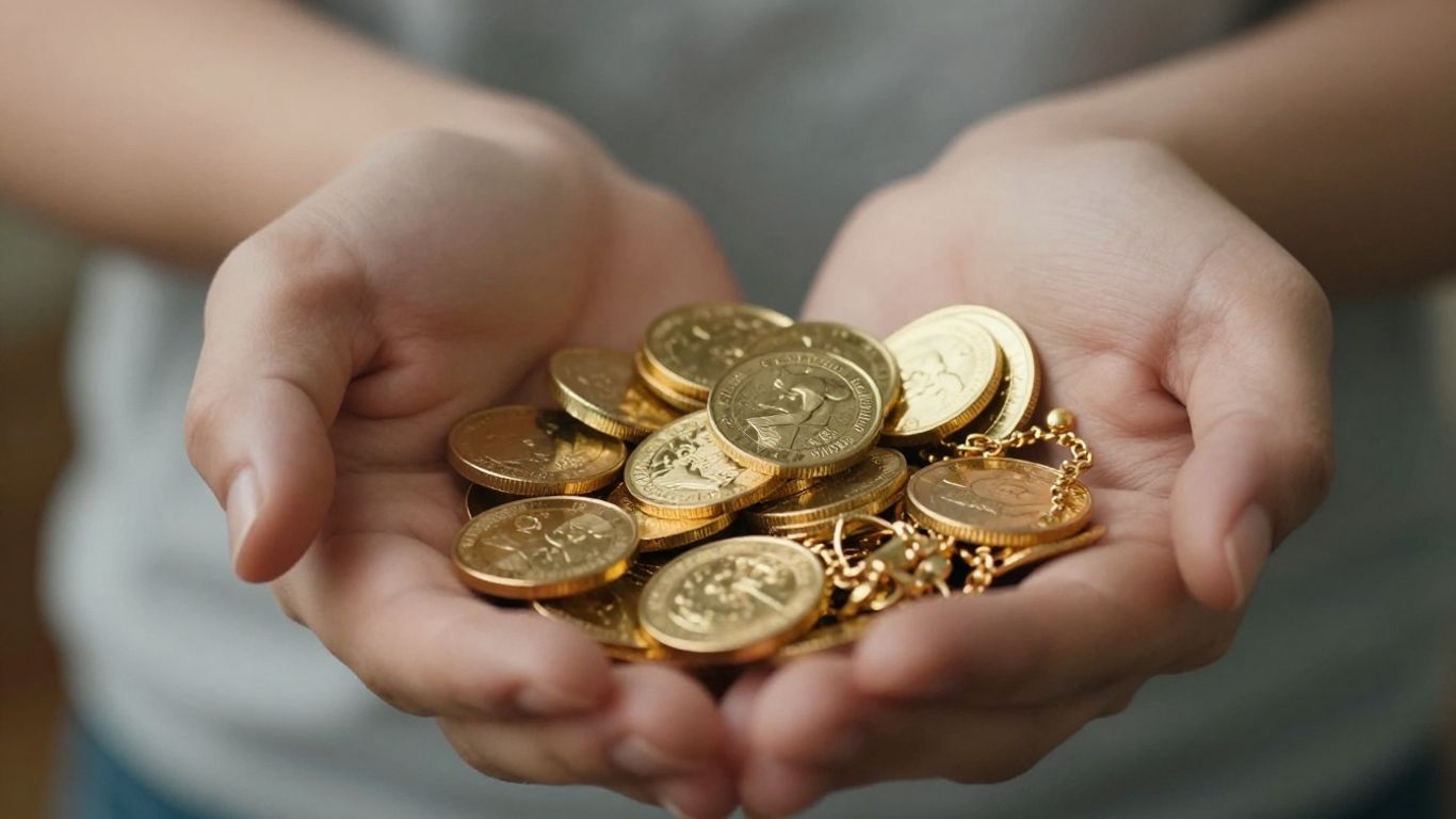 手中拿著金幣和珠寶。