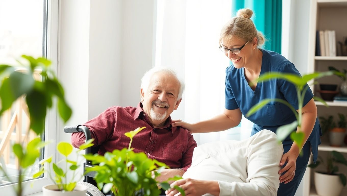 A compassionate home care aide smiles warmly while assisting an older man in a wheelchair, who is tending to his indoor plants by a sunny window.