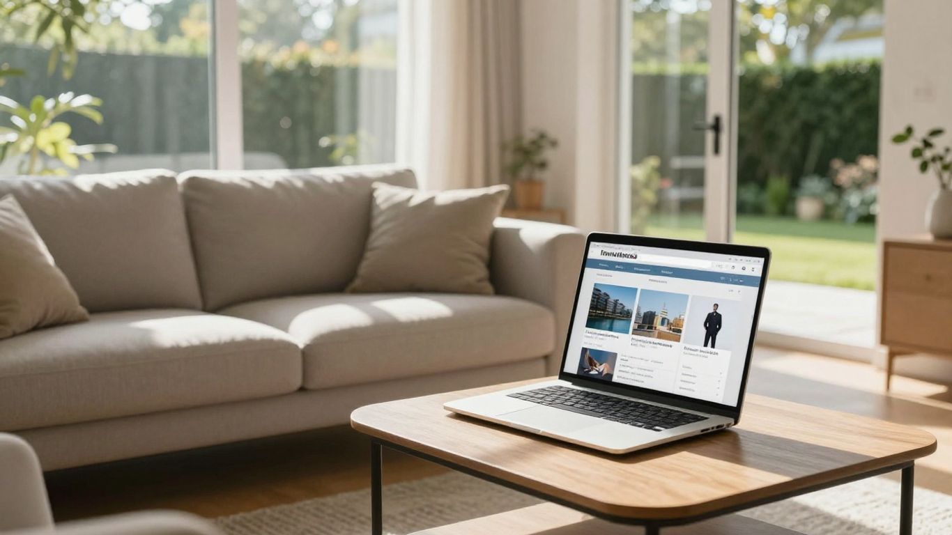 Hogar moderno con portátil mostrando seguro de hogar.