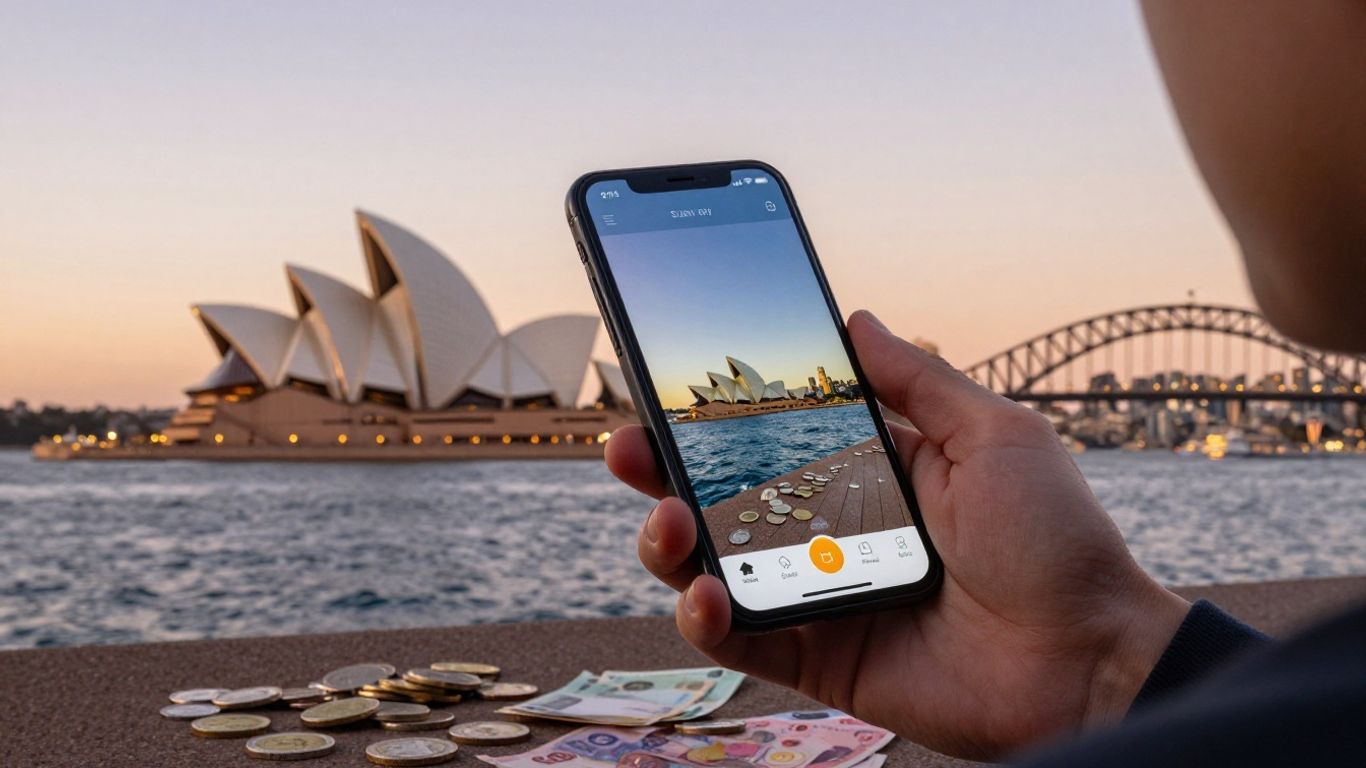 Australian cityscape with person earning money on survey app.