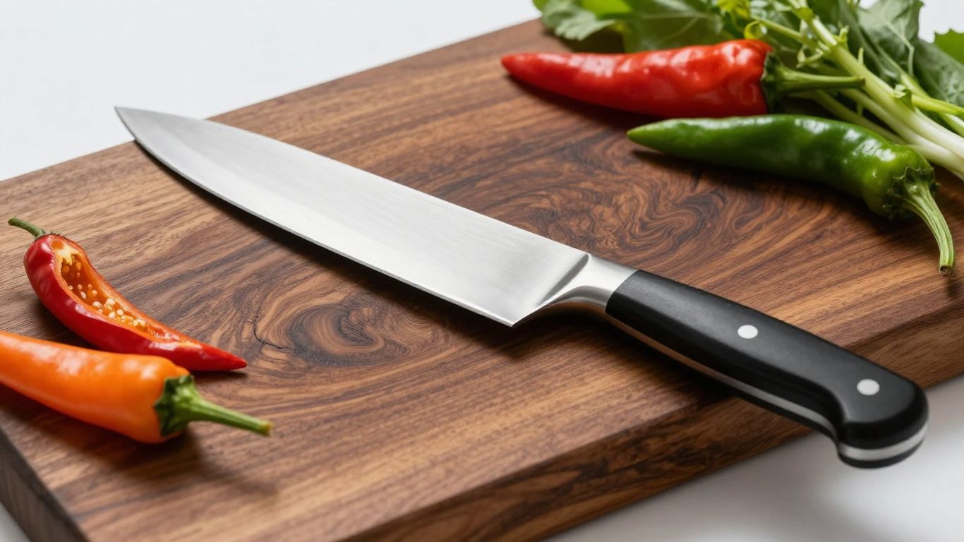 Shiny chef's knife and fresh vegetables on a wooden cutting board.