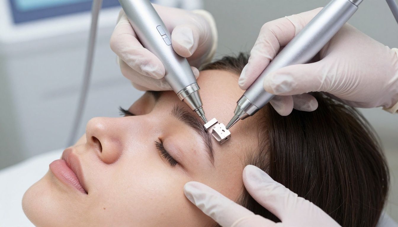 Close-up of a gloved hand performing microneedling on a client's cheek with a modern, medical-grade device