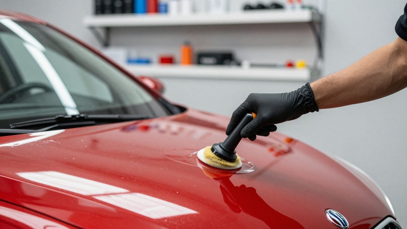Detailer applying ceramic coating to a red MG vehicle