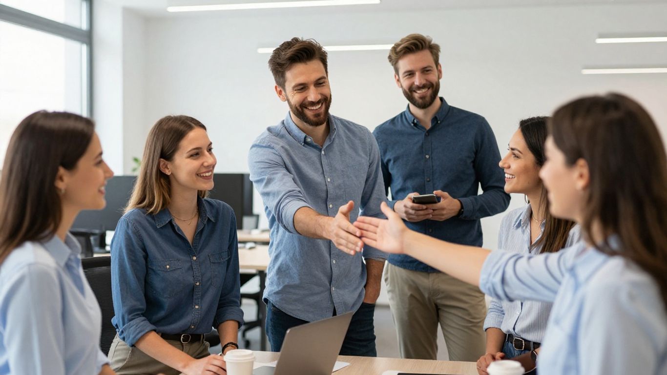 Teammitglieder heißen neuen Kollegen willkommen und fördern die Integration.