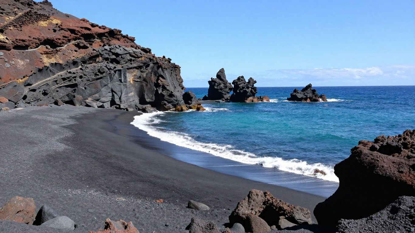 Black sand beach with volcanic cliffs and turquoise water.